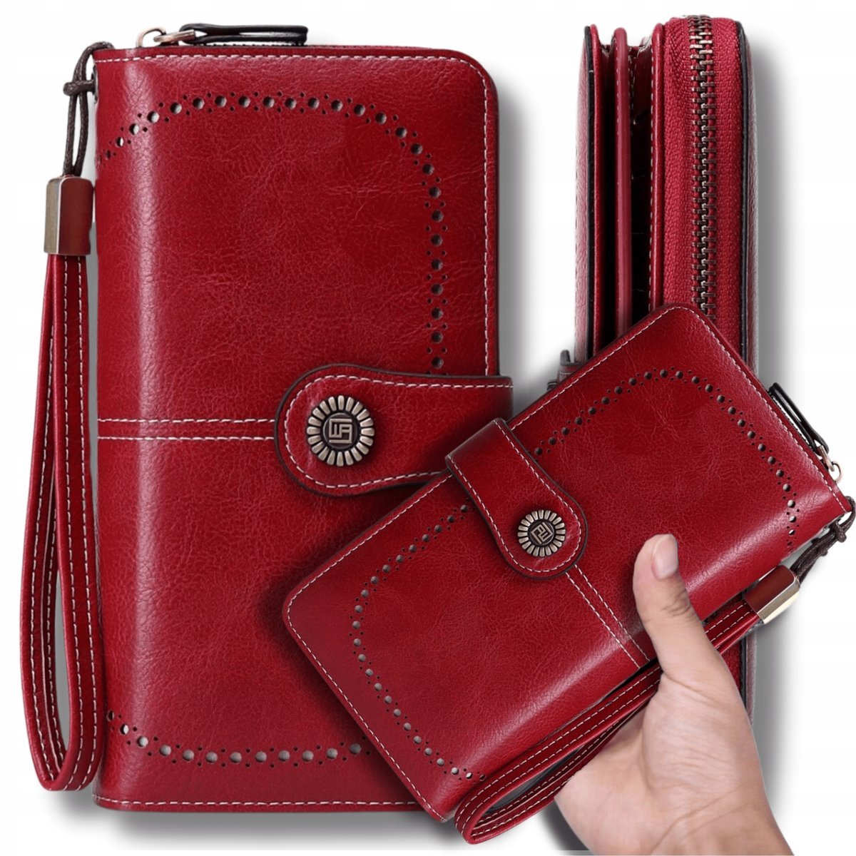 Portfel damski skórzany duży lakierowany pojemny RFID z paskiem czerwony
