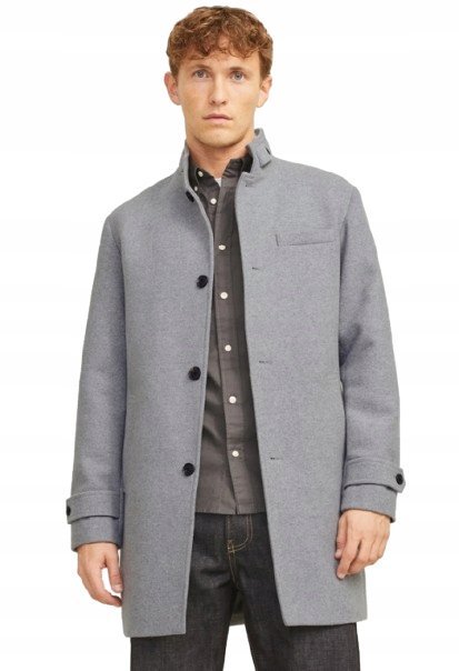 JACK & JONES SZARY PŁASZCZ KLASYCZNY Z GUZIKAMI I WEŁNĄ L 1J9A