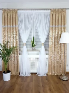 Firanka z zasłonami-komplet złoty, gotowe komplety na taśmie do pokoju - Firany - miniaturka - grafika 1