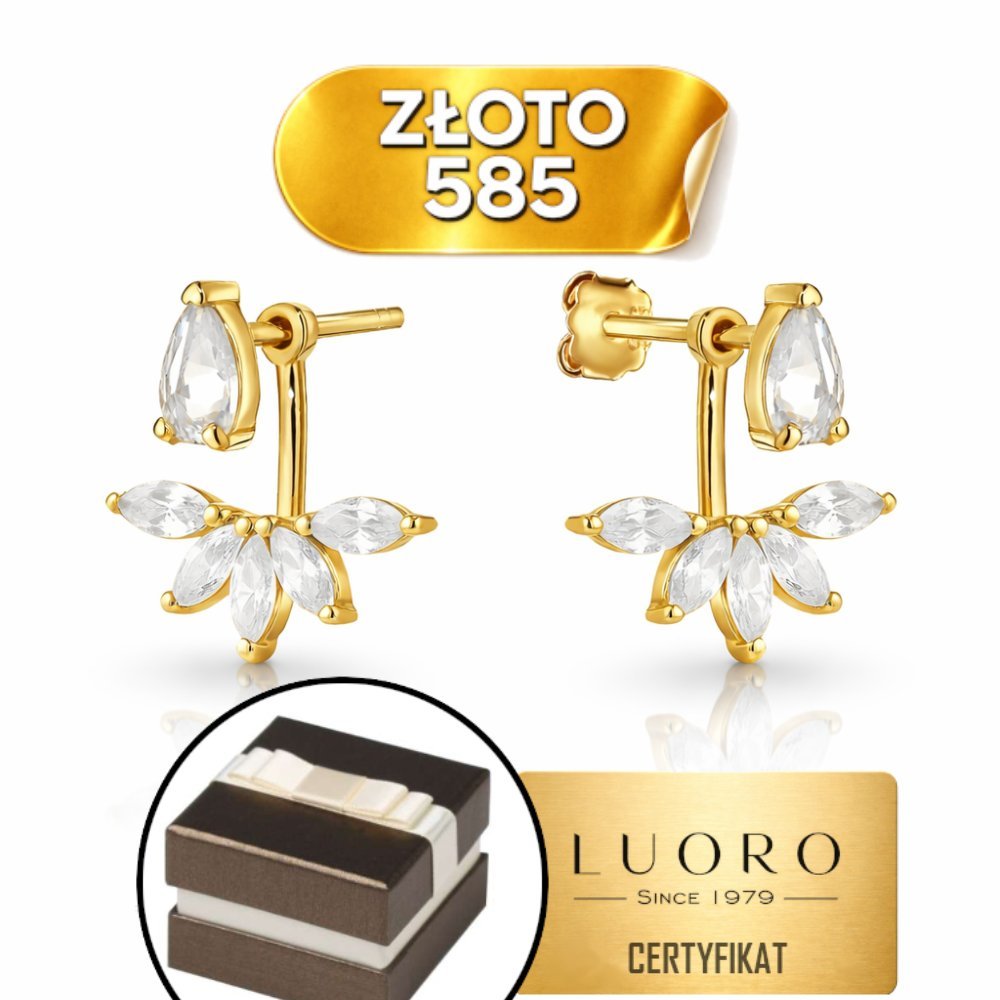 KOLCZYKI ZŁOTE 585 14K LISTKI Z CYRKONIAMI SZTYFT 14 MM ELEGANCKIE