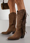 Kozaki damskie - Brązowe Kozaki Kowbojki na Stożku Ozdobione Frędzlami Reianeva - Renee - miniaturka - grafika 1