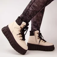 Botki damskie - NEWS 7928 botki damskie zimowe ocieplane na platformie beżowe - miniaturka - grafika 1