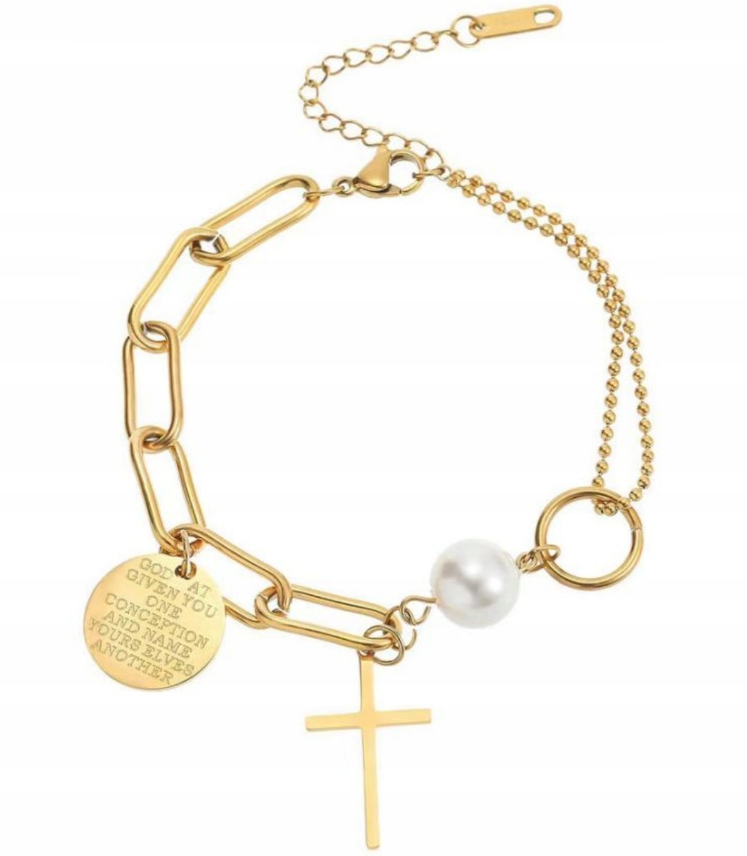 Złota Bransoletka z Krzyżem z Dużą Perłą ze Stali Szlachetnej
