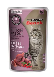 SUPER BENEK Bezzbożowe fileciki gotowane na parze bogate w kaczkę , z żurawiną, w sosie 85g - Mokra karma dla kotów - miniaturka - grafika 1