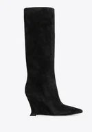 Półbuty męskie - Damskie kozaki ze skóry naturalnej zamszowej na koturnie czarne - miniaturka - grafika 1