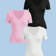 Bluzki damskie - TEMU 3 szt. Damskie Bluzki z Dekoltem w Serek i Krótkim Rękawem – Jednokolorowe, Dopasowane w Kolorach Czarny/Biały/Różowy, Podstawowe i Uniwersalne - miniaturka - grafika 1