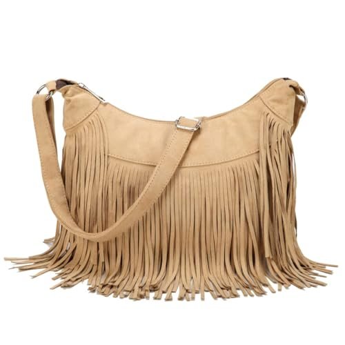 Sunwel Fashion Damska torebka hobo z frędzlami zachodnia torebka torba na ramię wegańska zamszowa frędzle hipisowska torba crossbody, BEŻOWY