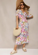 Sukienki - Biała Sukienka z Gumką w Talii z Trójkątnym Dekoltem w Kwiatowy Wzór Nellvia - miniaturka - grafika 1