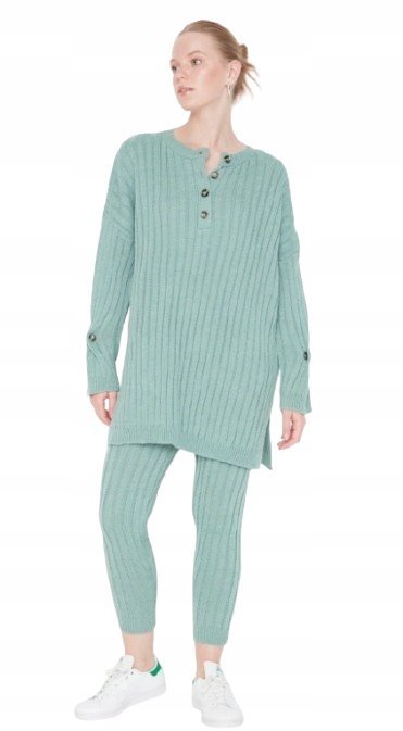 TRENDYOL ZIELONY KOMPLET SWETER I LEGGINSY PRĄŻKOWANY S 5AA