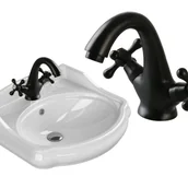 Umywalki - Umywalka 60x54 cm retro ceramiczna, biała, z baterią retro czarna - miniaturka - grafika 1