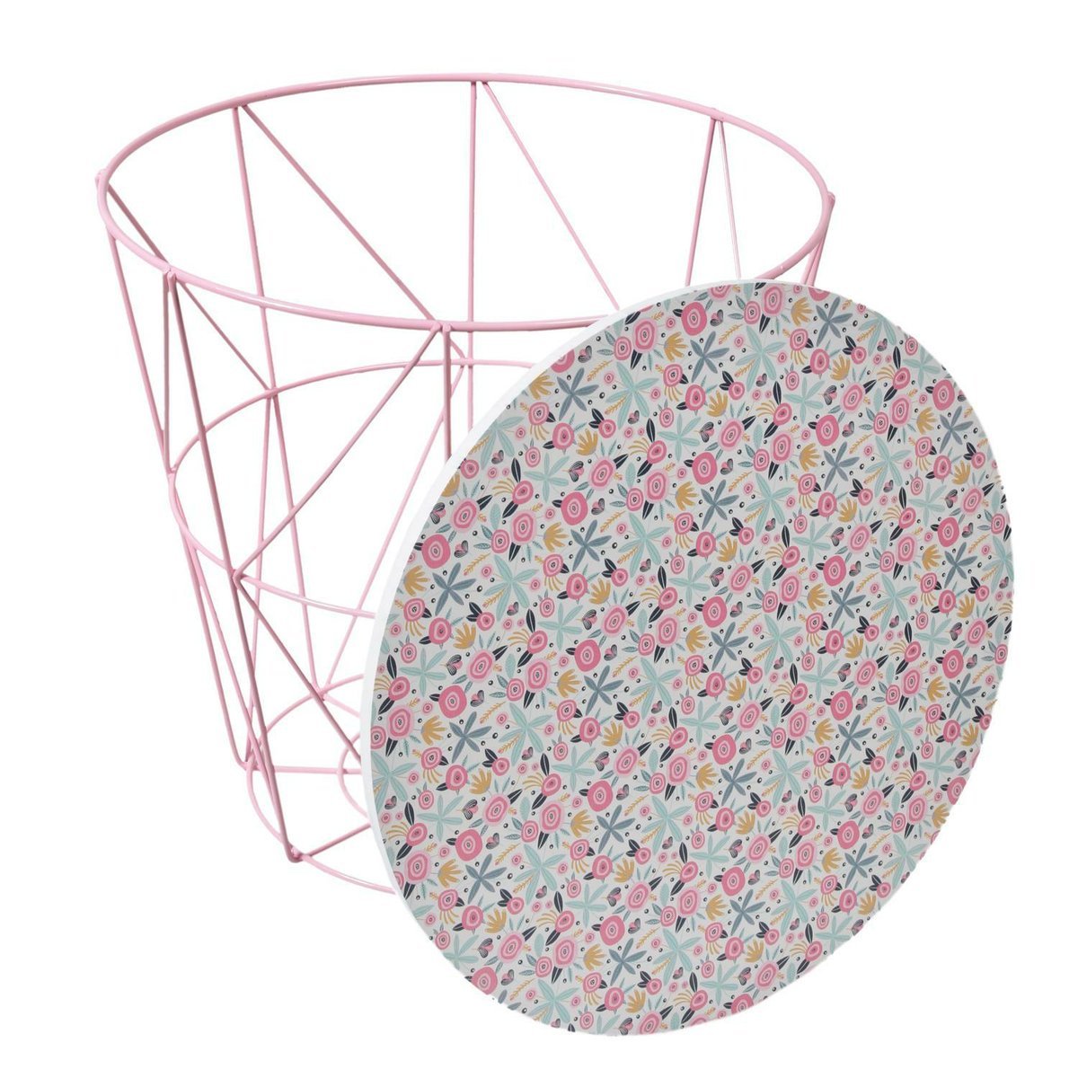 Różowy Stolik Kosz z Drewnianym Kwiatowym Blatem