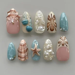 TEMU 10-częściowy zestaw do nail art z medium almond shell i - pastelowa niebieska, różowa, biała, beżowa z złotymi akcentami, idealny do codziennego - Akcesoria do paznokci - miniaturka - grafika 1