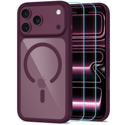 Etui TECH-PROTECT MagOne MagSafe CC do Apple iPhone 17 Pro Max/18 Pro Max Przezroczysto-wiśniowy + szkło hartowane Glass+ (2 szt.)