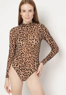 Body - Beżowe Body w Panterkę z Domieszką Wiskozy z Długim Rękawem i Stójką Eclana - miniaturka - grafika 1
