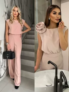 Elegancki komplet pudrowy róż bluzka z wiązaniem + spodnie dzwony polska produkcja Fresh - PERFE - Komplety damskie - miniaturka - grafika 1