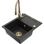 Zlewozmywaki z baterią - Mexen Enzo zlewozmywak granitowy 1-komorowy z ociekaczem i baterią kuchenną Savita, czarny/złoty metalik - miniaturka - grafika 1