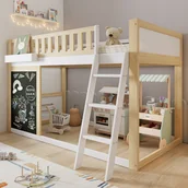 Łóżka dla dzieci i młodzieży - Łóżko piętrowe 90 x 200 cm z małą tablicą - Sosna + MDF - Stelaż z listew w zestawie - Biały + naturalny (bez materaca) - miniaturka - grafika 1