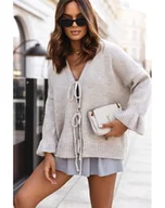 Swetry damskie - Sweter Piko z wiązaniem polski producent J&K Premium - beżowy - miniaturka - grafika 1