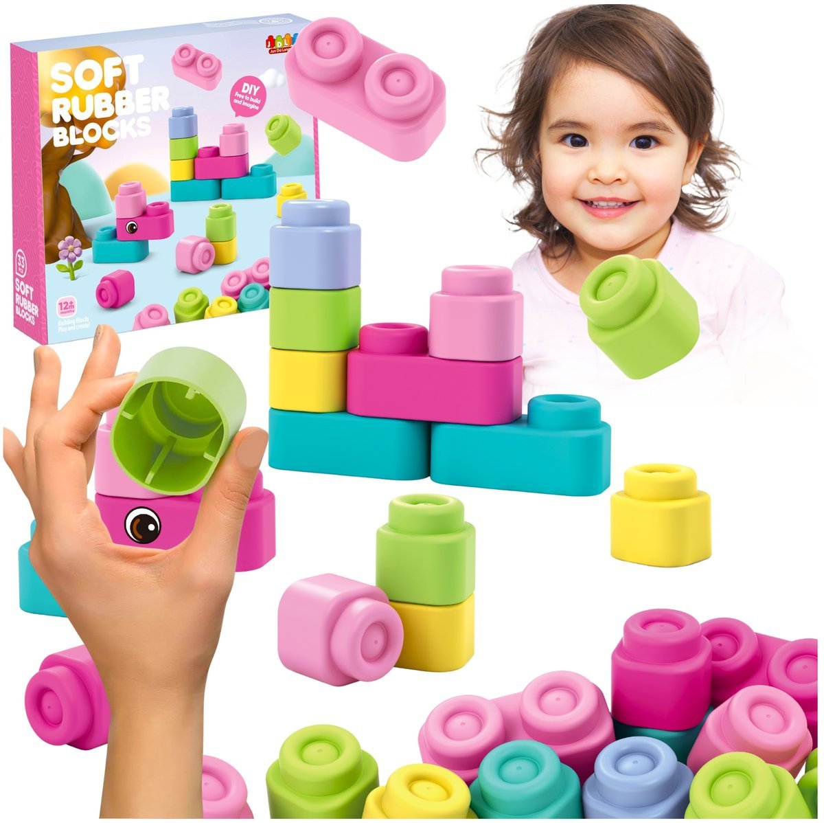 KLOCKI MIĘKKIE SENSORYCZNE GUMOWE BEZPIECZNY ZESTAW SOFT DLA MALUCHA 33 SZT RÓŹ