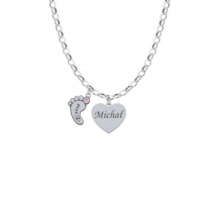 Naszyjnik Srebrny Serce Stópka Imię Dziecka 925 DZIEŃ MATKI GRAWER GRATIS