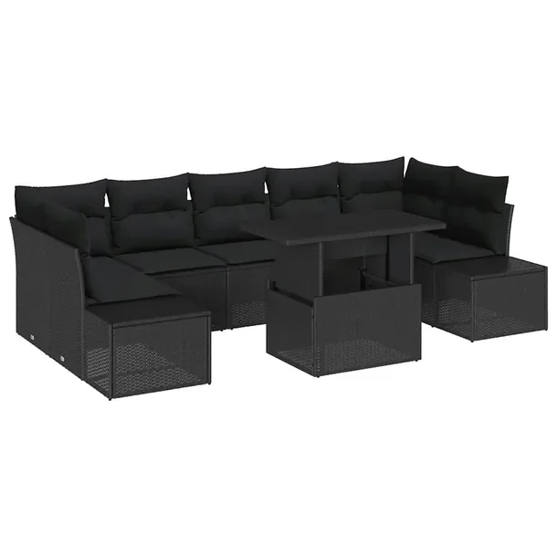 Zestaw Sof Ogrodowych Rattan Czarno-Szary, Stół, 8 Elementów