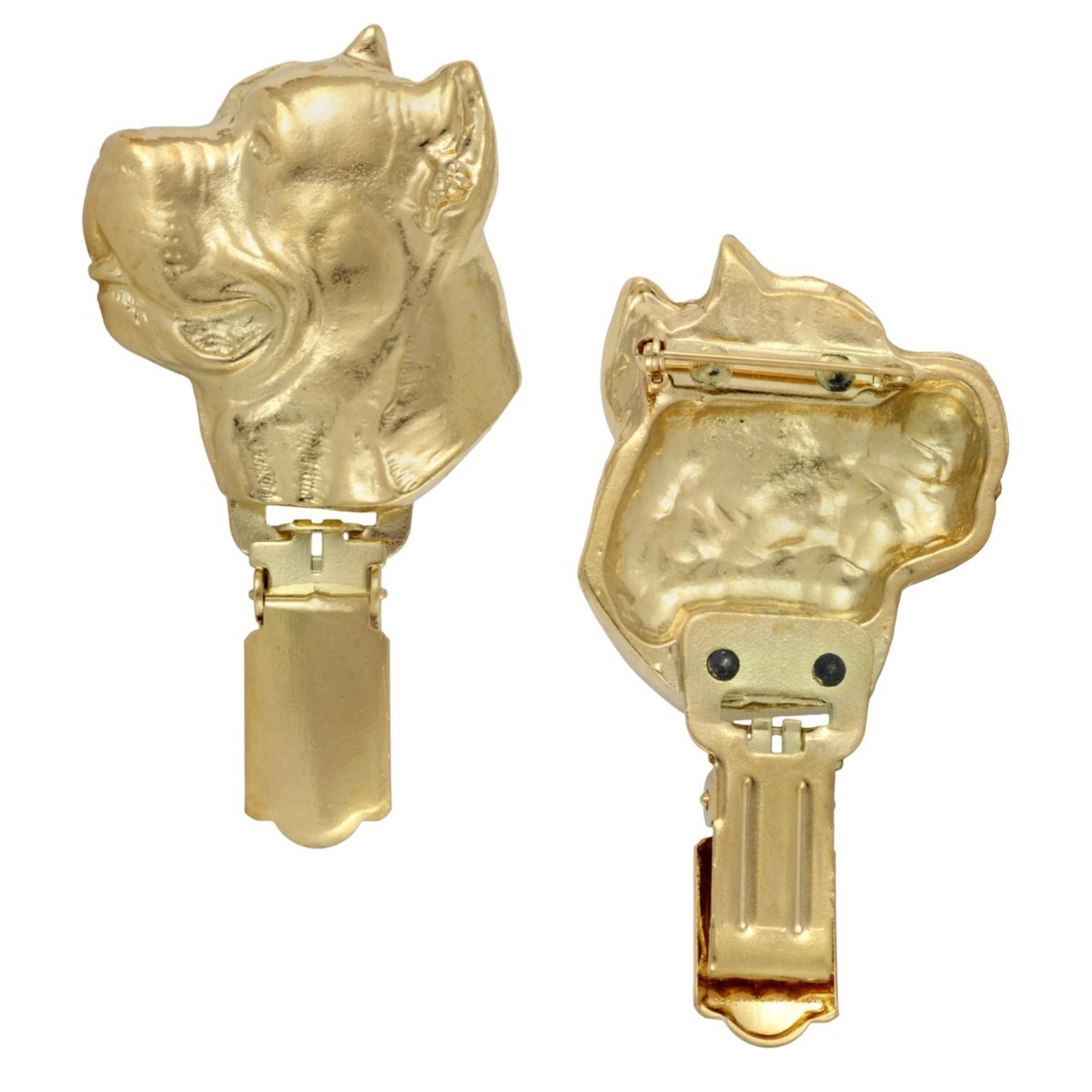 Cane Corso Italiano - broszka z klipsem, pozłacany uchwyt na numer startowy, elegancka przypinka na wystawę psów marki Art-Dog