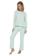 Koszulki i topy damskie - Trendyol Damska koszulka z dzianiny z nadrukiem średniej grubości - spodnie piżamowe zestaw, Miętowy, S - miniaturka - grafika 1