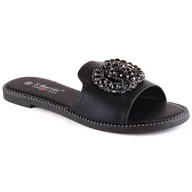 Klapki i japonki damskie - Klapki damskie płaskie komfortowe z cyrkoniami czarne S.Barski Kv 520-30 - miniaturka - grafika 1