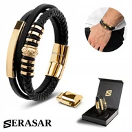 Bransolety męskie - SERASAR męska skórzana bransoletka „Shine”, złoto, 20 cm - ze stalowym zapięciem magnetycznym - w zestawie pudełko prezentowe - modna opaska na nadg.. - miniaturka - grafika 1