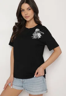 Czarny T-shirt z Bawełny Zdobiony Nadrukiem z Cyrkoniami Telerea - Koszulki i topy damskie - miniaturka - grafika 1
