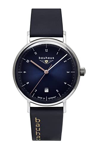 Bauhaus Zegarek damski ze skórzanym paskiem kwarcowy data 36 mm Made in Germany 2141, niebieski, Pasek
