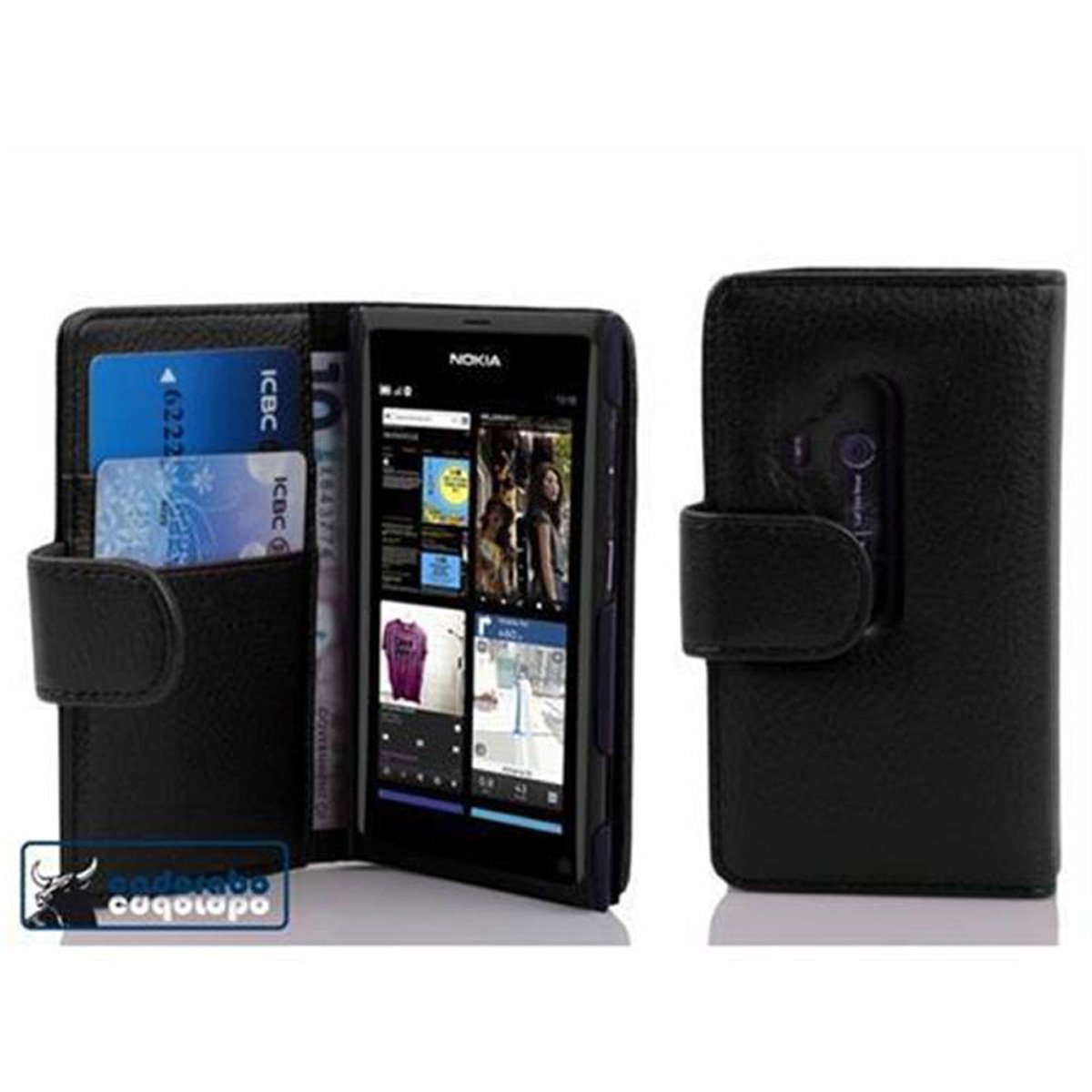 Etui Cadorabo na telefon komórkowy Nokia Lumia 800 w kolorze OXID BLACK wykonane z teksturowanej sztucznej skóry z funkcją podstawki i miejscem na kartę Etui Etui ochronne Etui z klapką w stylu książki