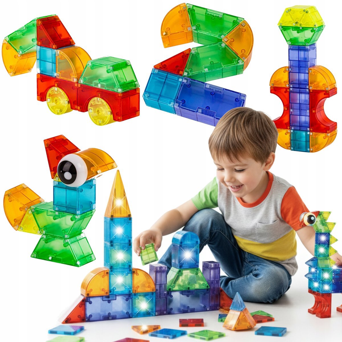 Świecące Klocki Magnetyczne Konstrukcyjne 64 Elementy Figury 3D Dla Dzieci