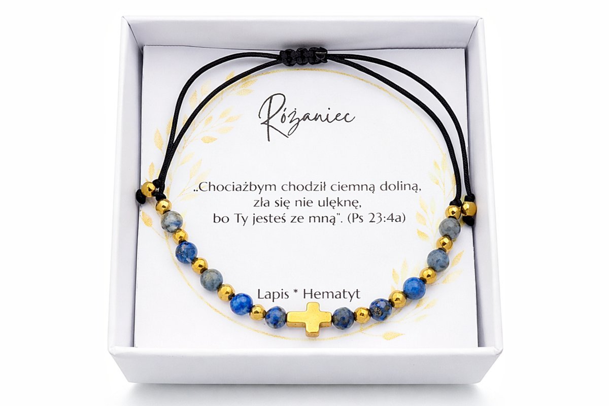 Bransoletka różaniec Lapis i hematytem ręcznie robiona, prezent Komunia, Bierzmowanie