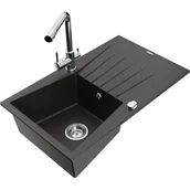 Zlewozmywaki z baterią - Mexen Cesar zlewozmywak granitowy 1-komorowy z ociekaczem i baterią kuchenną Duero, czarny/złoty metalik - miniaturka - grafika 1