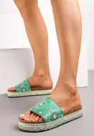 Klapki i japonki damskie - Zielone Klapki w Stylu Bobo z Plecionką na Podeszwie i Kolorowymi Cyrkoniami Telphine - miniaturka - grafika 1
