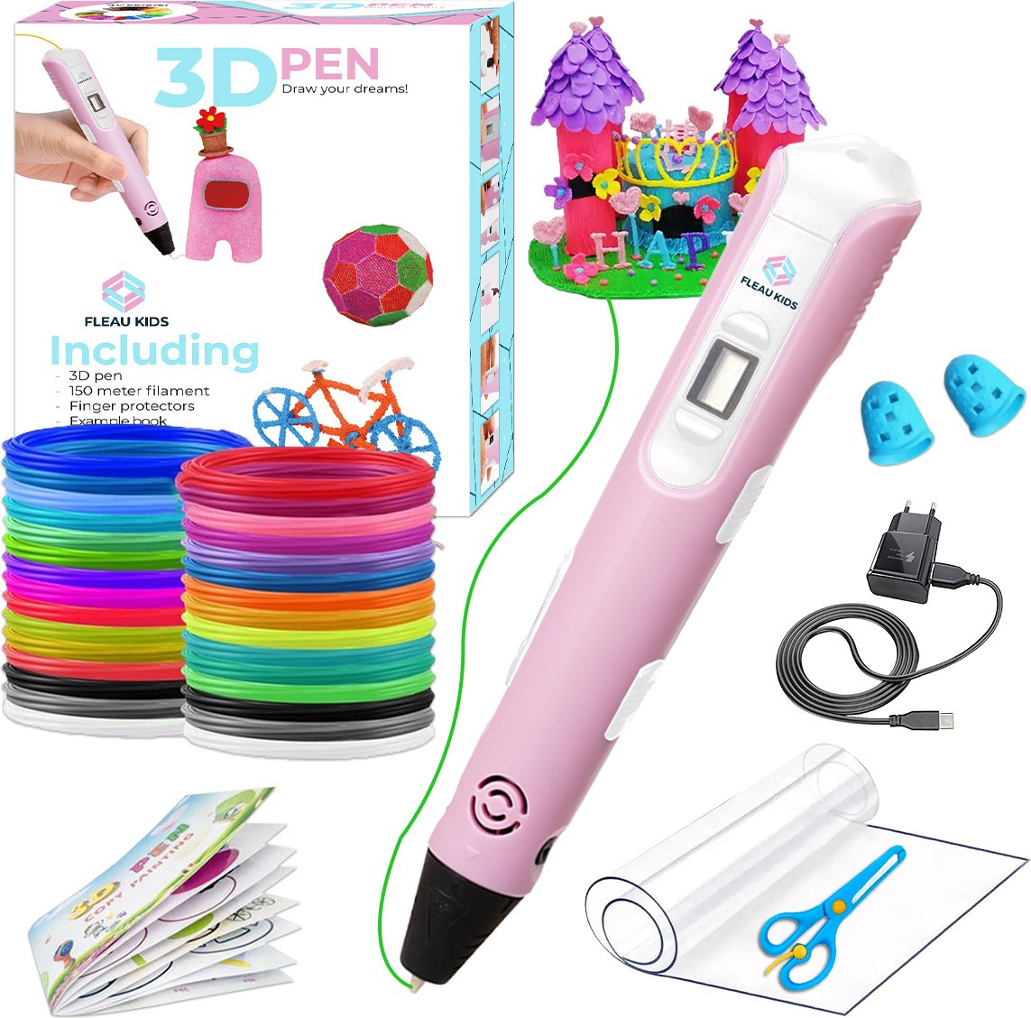 Zestaw startowy długopisu 3D Fleau Kids Pink XL - 75 m żarnika - 15 kolorowych wkładów + mnóstwo akcesoriów - rękodzieło i rysowanie - druk 3D - zesta