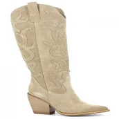 Kozaki damskie - Beżowe kozaki na obcasie CARINII - Carinii - miniaturka - grafika 1