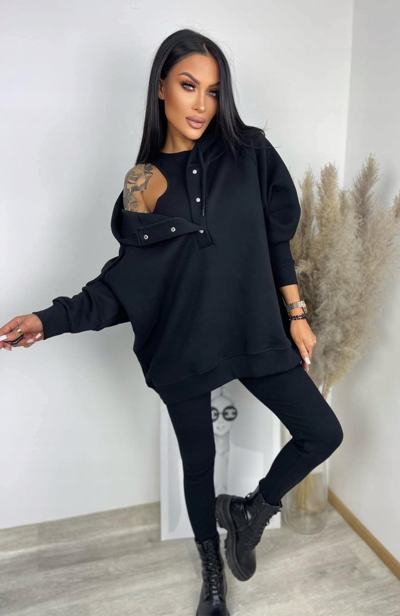 Komplet 3 częściowy Dresowy: Bluza Oversize, Top Legginsy Prążkowane Wygoda