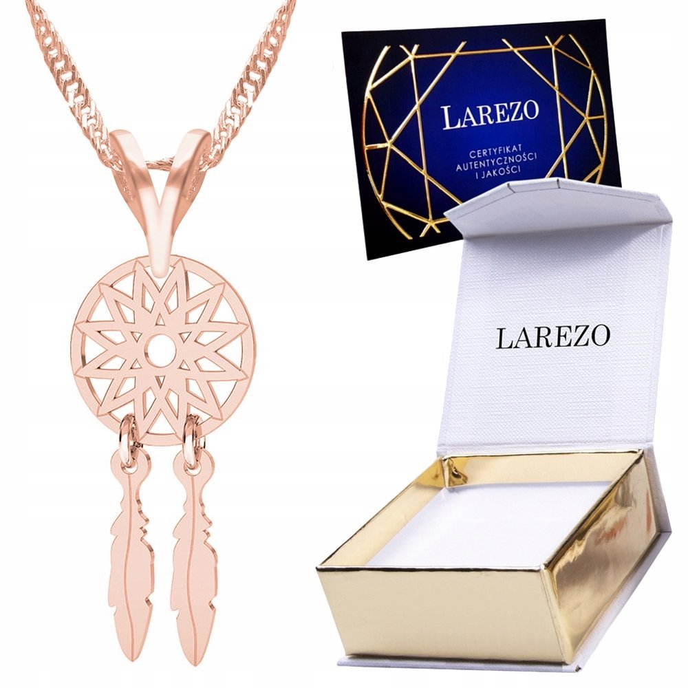 Naszyjnik Różowy 750 Pozłacany 18K Ażurowy Łapacz Snów Kółko Gwiazdy Listki