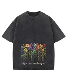 Koszulki i topy damskie - Damska koszulka oversize efekt sprania Kolorowe Kwiaty Wiosna Czarna M - miniaturka - grafika 1