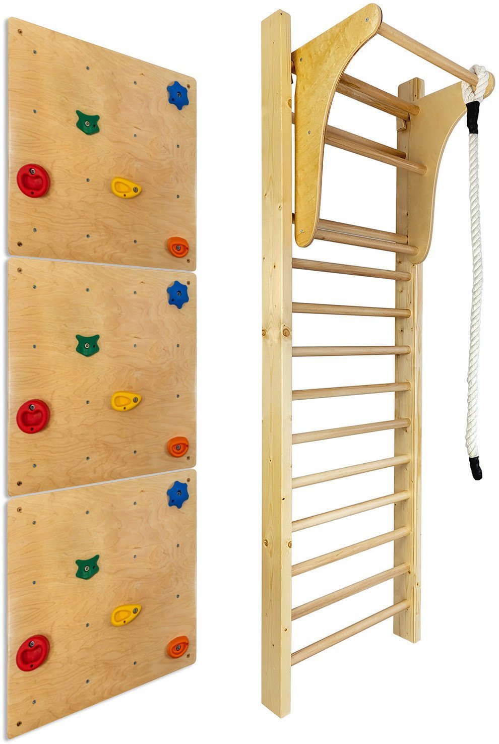 UnderFit Drabinka gimnastyczna LEON 240x80 drewniana + drążek + ścianka wspinaczkowa