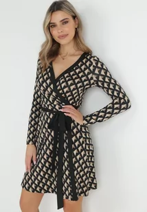 Beżowo-Czarna Sukienka Kopertowa w Geometryczny Wzór Chlasee - Sukienki - miniaturka - grafika 1