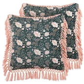 Poduszki dekoracyjne - 2 poduszki dekoracyjne welurowe w kwiaty z frędzlami 45 x 45 cm niebiesko-różowe PARROTIA - miniaturka - grafika 1