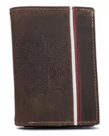 Portfele - Portfel męski skórzany zamszowy portfel patriotyczny polski z flagą i godłem, ciemny brązowy - miniaturka - grafika 1