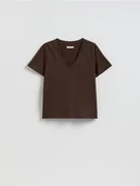 Koszulki i topy damskie - Reserved - T-shirt regular z dekoltem V - ciemnobrązowy - miniaturka - grafika 1
