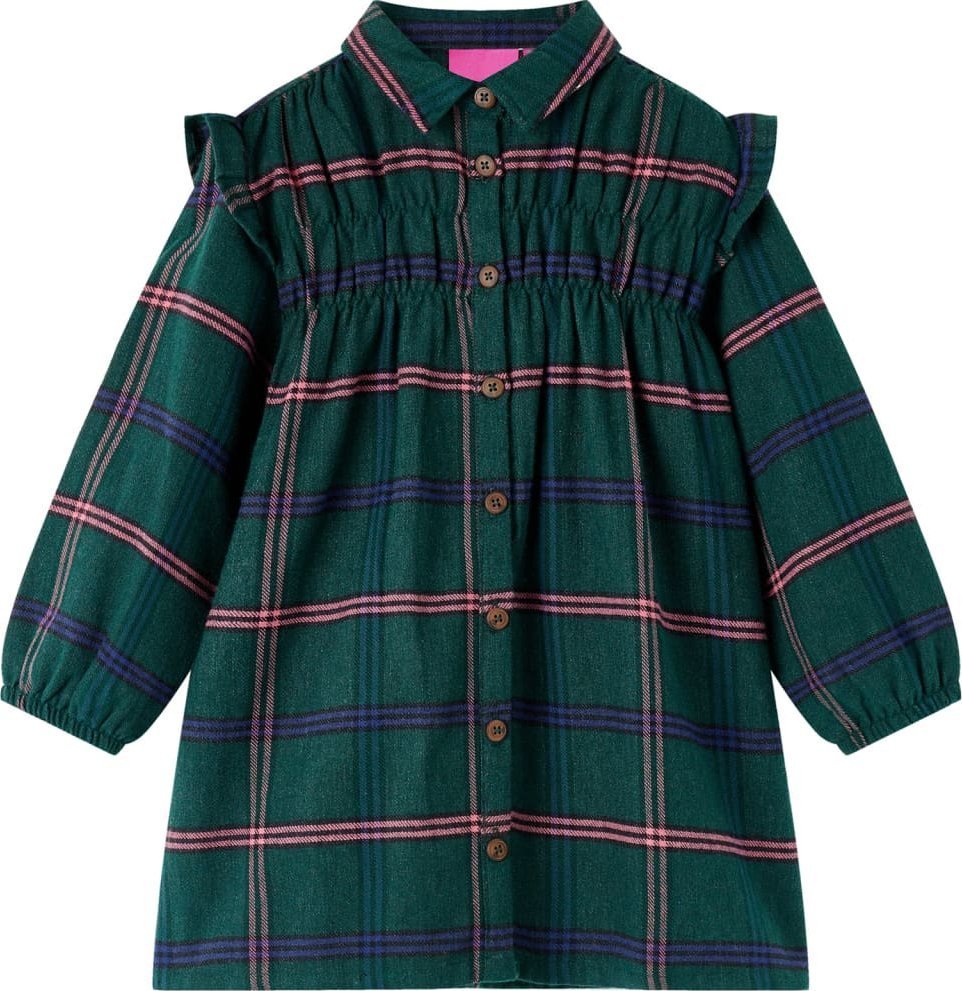 vidaXL Sukienka dziecięca z długimi rękawami i falbanami, ciemnozielona, 140