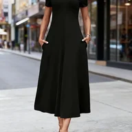 Sukienki - TEMU Elegancka damska sukienka midi Dekolt w kształcie litery V, półrękaw Silueta w kształcie litery A z kieszeniami Jednokolorowa, czarna - miniaturka - grafika 1