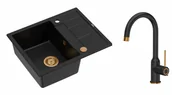 Zlewozmywaki z baterią - Quadron Unique Zlewozmywak granitowy jednokomorowy 62*50*22 cm z ociekaczem MORGAN 116 PURE CARBON z syfonem Push-2-Open w kolorze miedzianym z baterią INGRID Q LINE kolor czarny mat/wykończenie miedź - miniaturka - grafika 1