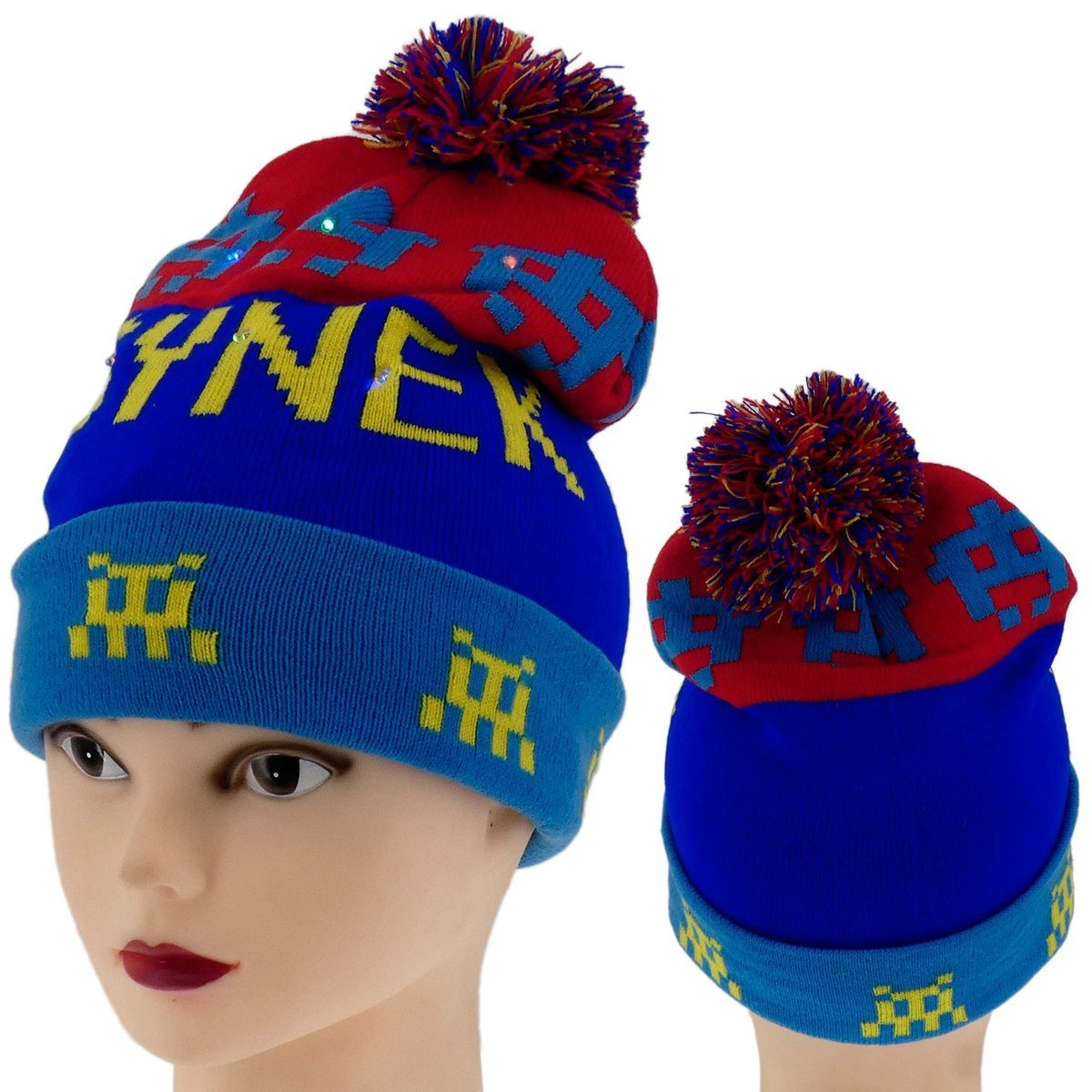 ZIMOWA CZAPKA Z POMPONEM DIODY LED ŚWIECĄCA SYNEK NIEBIESKA